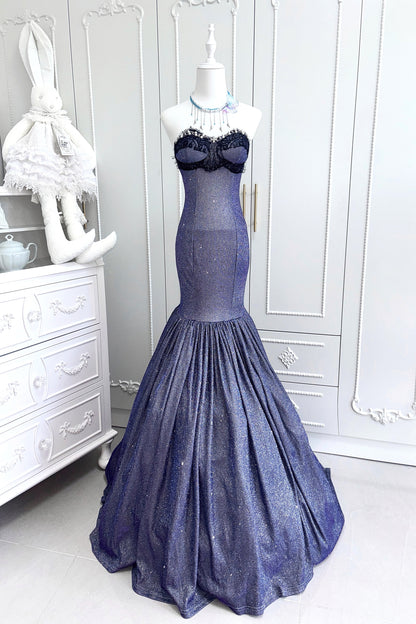 Pretty Strapless Mermaid Evening Gowns Lace Sequins Beads Prom Dress AP3184