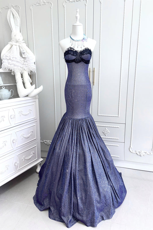 Pretty Strapless Mermaid Evening Gowns Lace Sequins Beads Prom Dress AP3184