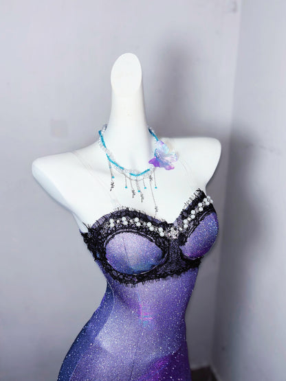 Pretty Strapless Mermaid Evening Gowns Lace Sequins Beads Prom Dress AP3184