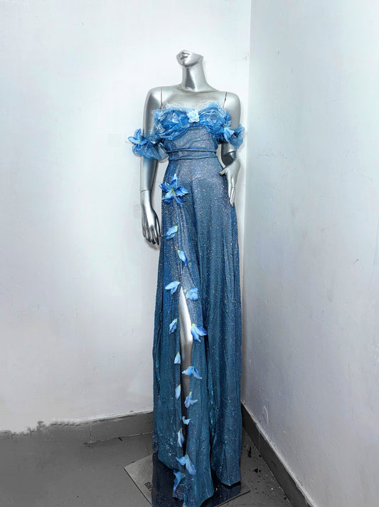 Fancy Off-Shoulder Sheath Evening Dress With Slit Sequins Handmade Flowers Lace Prom Dress AP3185