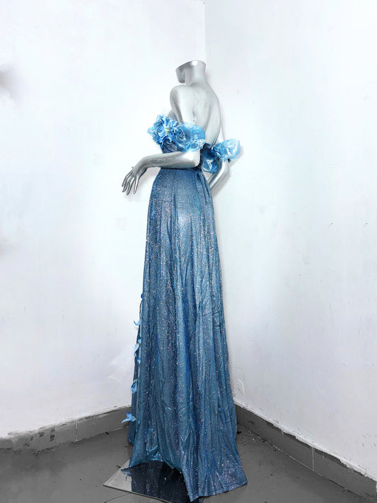 Fancy Off-Shoulder Sheath Evening Dress With Slit Sequins Handmade Flowers Lace Prom Dress AP3185