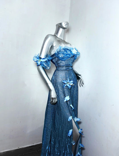 Fancy Off-Shoulder Sheath Evening Dress With Slit Sequins Handmade Flowers Lace Prom Dress AP3185