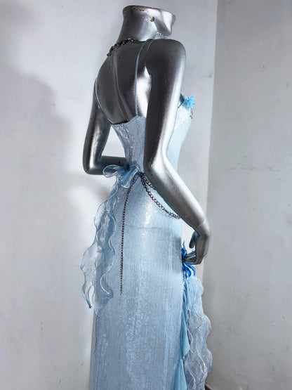 Maximalism Sheath Spaghetti Strap Evening Dress With Slit Sequins Beading Handmade Flowers Ruffles Prom Dress AP3186