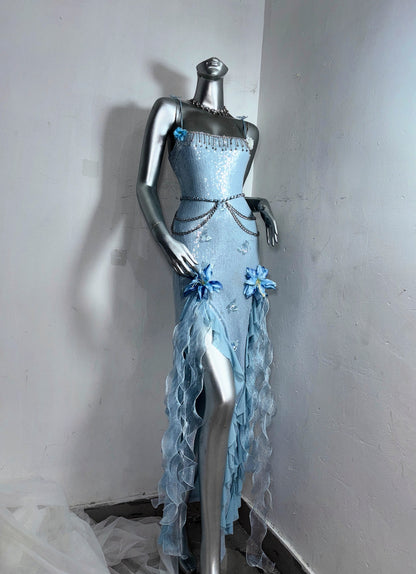 Maximalism Sheath Spaghetti Strap Evening Dress With Slit Sequins Beading Handmade Flowers Ruffles Prom Dress AP3186