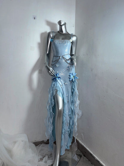 Maximalism Sheath Spaghetti Strap Evening Dress With Slit Sequins Beading Handmade Flowers Ruffles Prom Dress AP3186