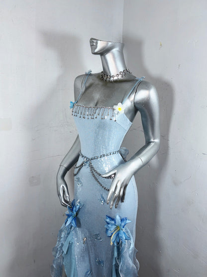 Maximalism Sheath Spaghetti Strap Evening Dress With Slit Sequins Beading Handmade Flowers Ruffles Prom Dress AP3186