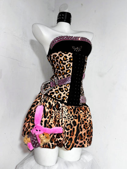 Gen Z Style Strapless A-Line Birthday Gowns Crystals Leopard Homecoming Dress AP3188