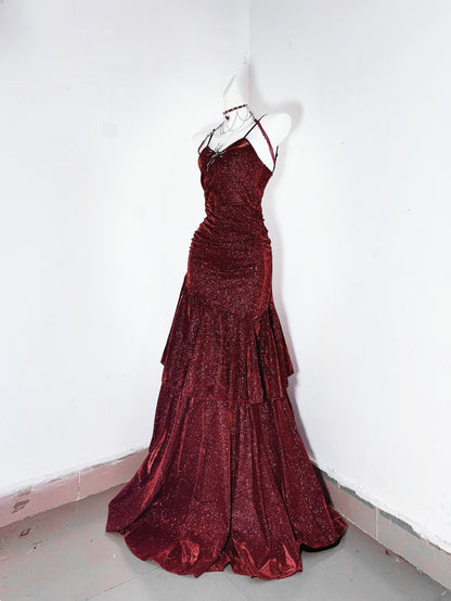 Delicate Mermiad Spaghetti Strap Evening Dress Sequins Tiered Red Prom Dress AP3189