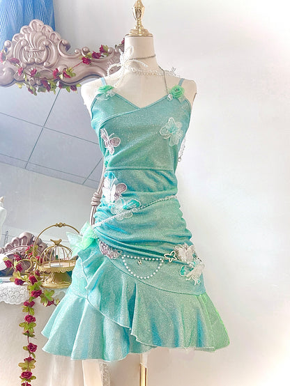 Fabulous Spaghetti Straps A-Line Birthday Gowns Sequins Butterflies Ruffled Homecoming Dress AP3192