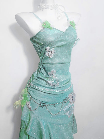 Fabulous Spaghetti Straps A-Line Birthday Gowns Sequins Butterflies Ruffled Homecoming Dress AP3192