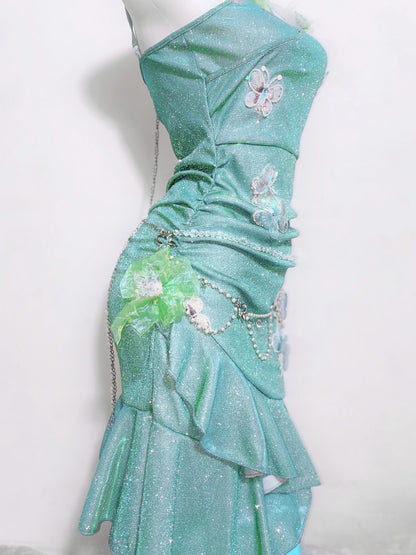 Fabulous Spaghetti Straps A-Line Birthday Gowns Sequins Butterflies Ruffled Homecoming Dress AP3192