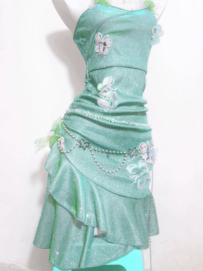 Fabulous Spaghetti Straps A-Line Birthday Gowns Sequins Butterflies Ruffled Homecoming Dress AP3192