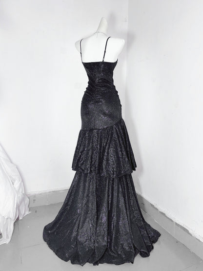 Chic Mermiad Spaghetti Strap Evening Dress Sequins Bow Black Prom Dress AP3193