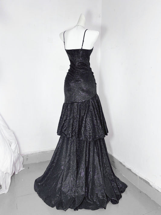 Chic Mermiad Spaghetti Strap Evening Dress Sequins Bow Black Prom Dress AP3193