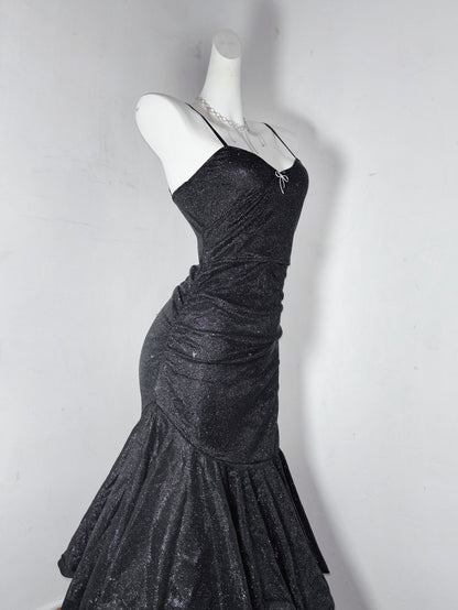 Chic Mermiad Spaghetti Strap Evening Dress Sequins Bow Black Prom Dress AP3193