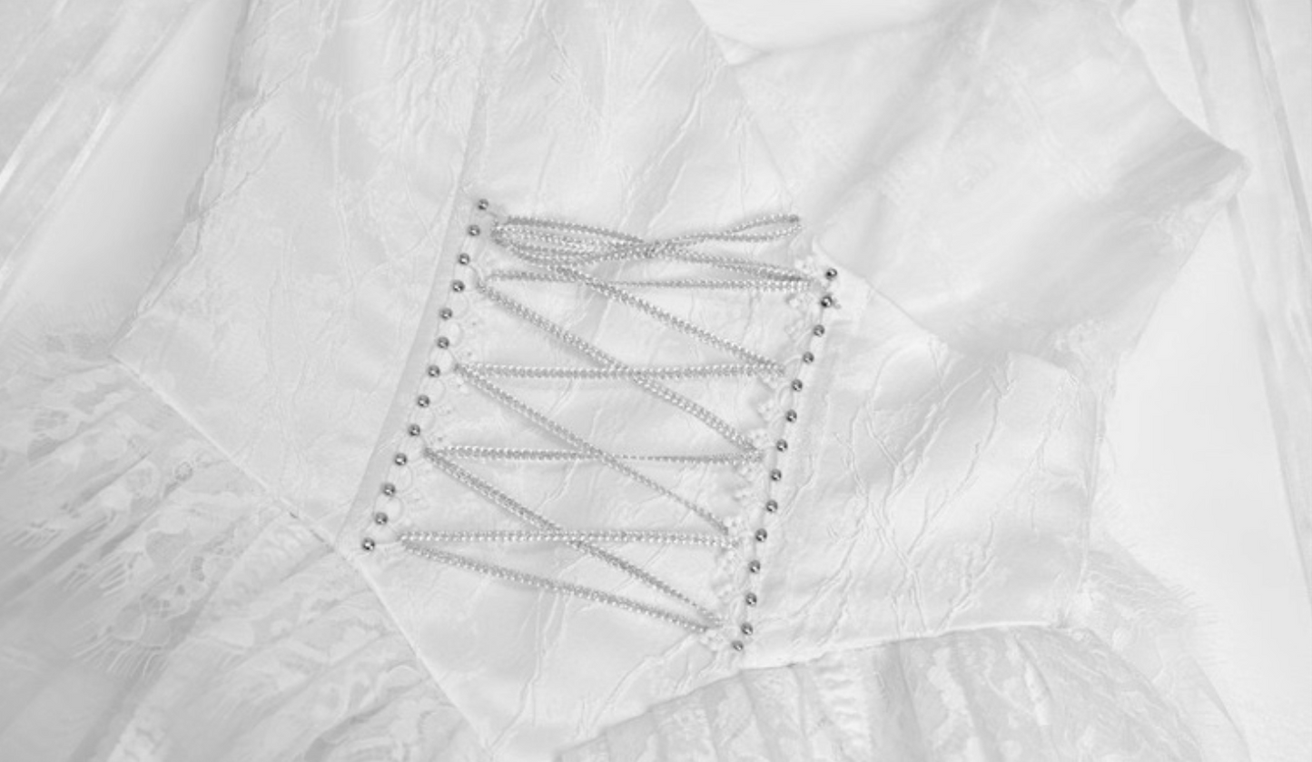 Cute Spaghetti Strap A-Line Evening Dress Cutout Belt Lace Tulle Bows Prom Dress AP3201