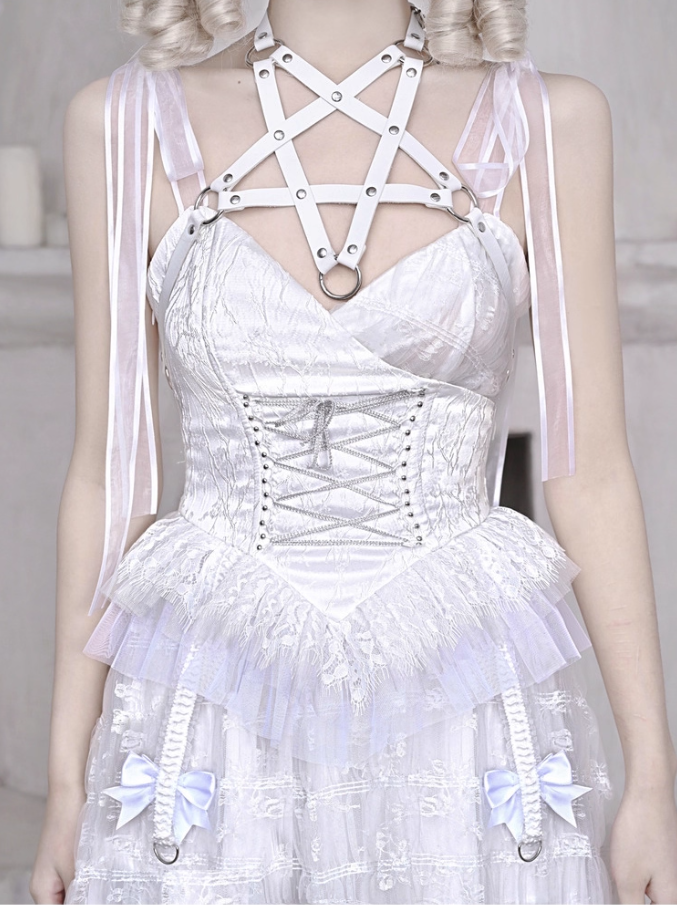 Cute Spaghetti Strap A-Line Evening Dress Cutout Belt Lace Tulle Bows Prom Dress AP3201