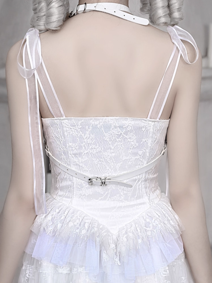 Cute Spaghetti Strap A-Line Evening Dress Cutout Belt Lace Tulle Bows Prom Dress AP3201