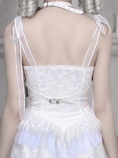 Cute Spaghetti Strap A-Line Evening Dress Cutout Belt Lace Tulle Bows Prom Dress AP3201