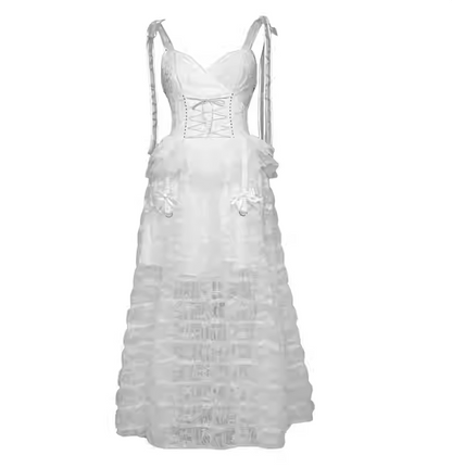 Cute Spaghetti Strap A-Line Evening Dress Cutout Belt Lace Tulle Bows Prom Dress AP3201