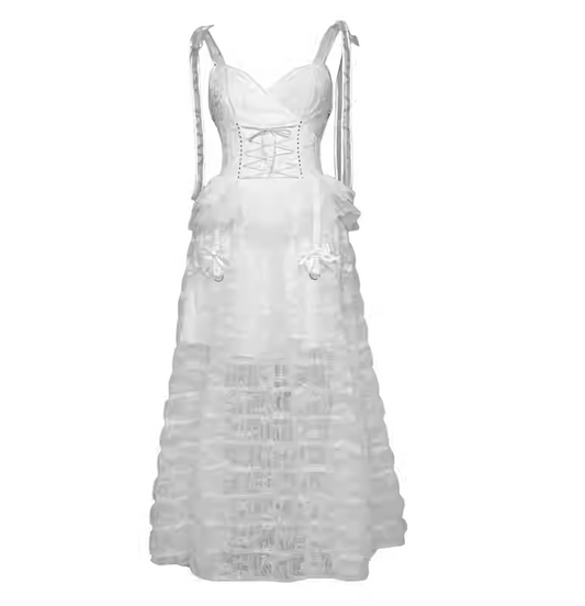 Cute Spaghetti Strap A-Line Evening Dress Cutout Belt Lace Tulle Bows Prom Dress AP3201