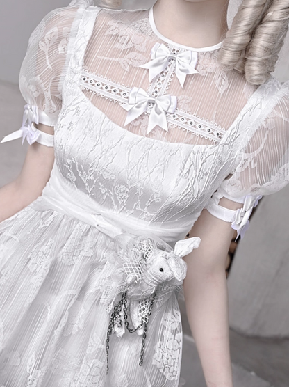 Vintage Jewel Neck A-Line Birthday Gowns Puffy Sleeve Bows Lace Sheer Tulle Homecoming Dress AP3202