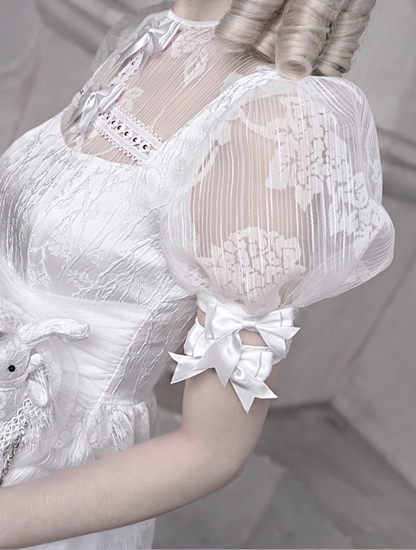 Vintage Jewel Neck A-Line Birthday Gowns Puffy Sleeve Bows Lace Sheer Tulle Homecoming Dress AP3202