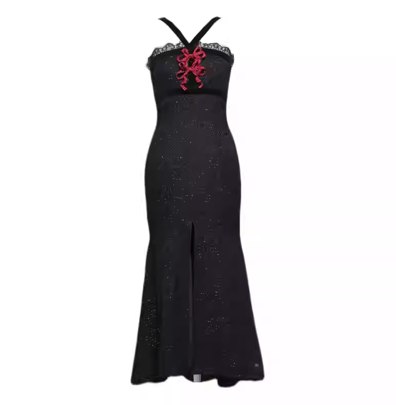 Dreamy Mermaid Halter Neck Formal Dresses Sequins Bow Slit Black Prom Dress AP3204