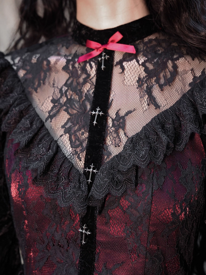 Alluring Jewel Neck A-Line Birthday Gowns Long Sleeve Bows Lace Velvet Homecoming Dress AP3206