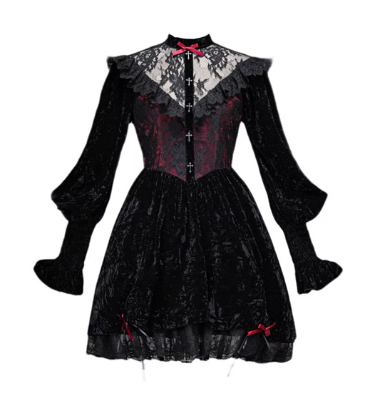 Alluring Jewel Neck A-Line Birthday Gowns Long Sleeve Bows Lace Velvet Homecoming Dress AP3206