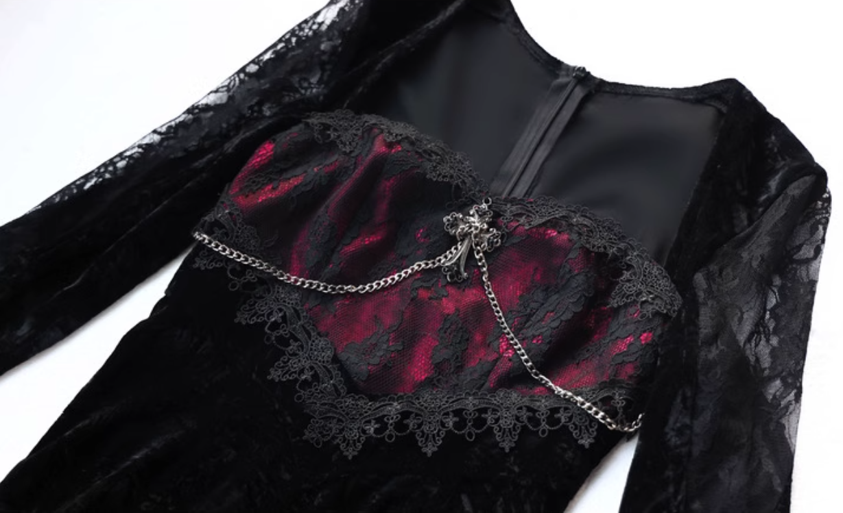 Gorgeous Sweetheart Neck Mermaid Evening Dresses Lace Chain Long Sleeve Velvet Prom Dress AP3207