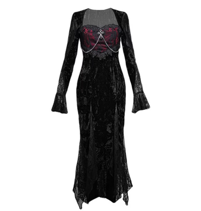 Gorgeous Sweetheart Neck Mermaid Evening Dresses Lace Chain Long Sleeve Velvet Prom Dress AP3207