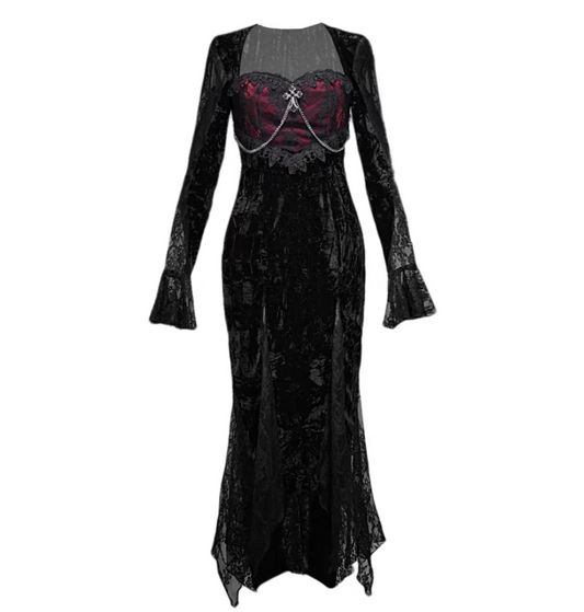 Gorgeous Sweetheart Neck Mermaid Evening Dresses Lace Chain Long Sleeve Velvet Prom Dress AP3207