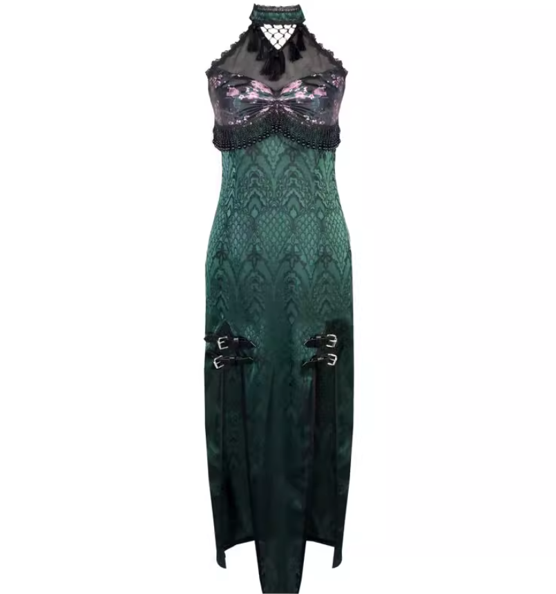 Novelty Halter Neck Sheath Evening Dress Jacquard Tassel Belt Slit Prom Dress AP3212