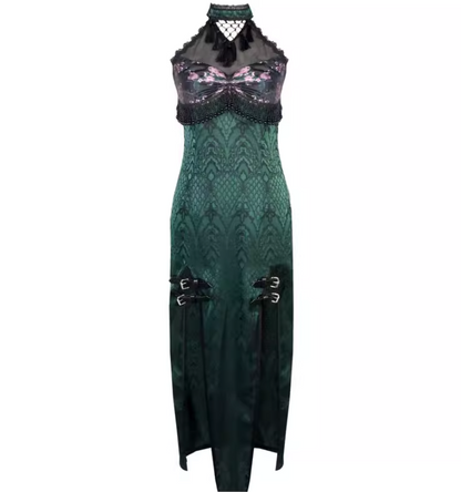 Novelty Halter Neck Sheath Evening Dress Jacquard Tassel Belt Slit Prom Dress AP3212