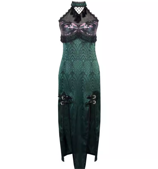 Novelty Halter Neck Sheath Evening Dress Jacquard Tassel Belt Slit Prom Dress AP3212