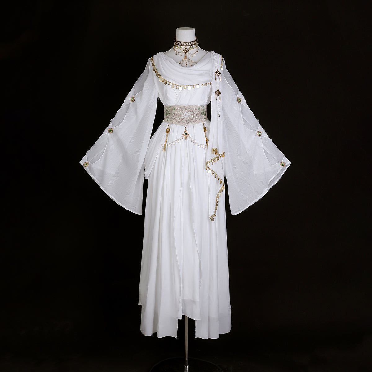 Flowy A-Line Cowl Neck Evening Dresses Sequins Crystals Slit White Prom Dress AP3221