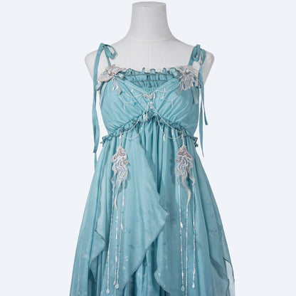 Flowy Spaghetti Straps A-Line Birthday Dress Beading Appliques Ruffles Slit Homecoming Dress AP3224