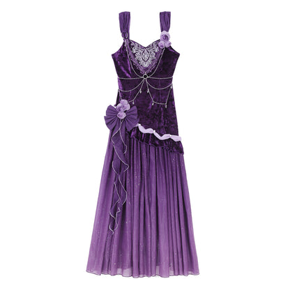 Bling A-Line Spaghetti Strap Evening Dresses Handmade Flowers Beading Sequins Velvet Tulle Prom Dress AP3228