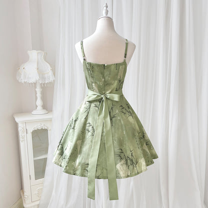 Trendy Spaghetti Straps A-Line Birthday Dress Bows Bamboo Print Homecoming Dress AP3232