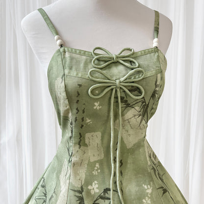 Trendy Spaghetti Straps A-Line Birthday Dress Bows Bamboo Print Homecoming Dress AP3232