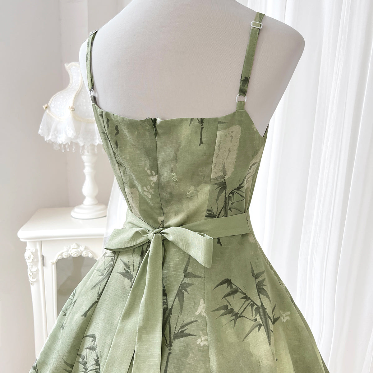 Trendy Spaghetti Straps A-Line Birthday Dress Bows Bamboo Print Homecoming Dress AP3232