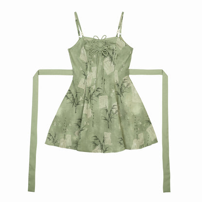 Trendy Spaghetti Straps A-Line Birthday Dress Bows Bamboo Print Homecoming Dress AP3232