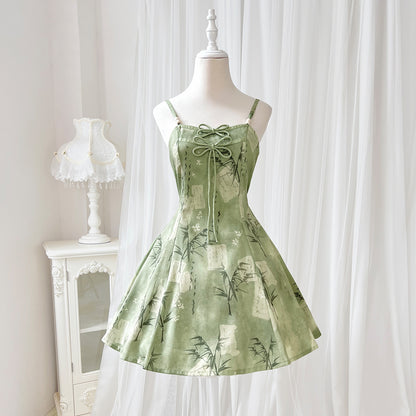Trendy Spaghetti Straps A-Line Birthday Dress Bows Bamboo Print Homecoming Dress AP3232