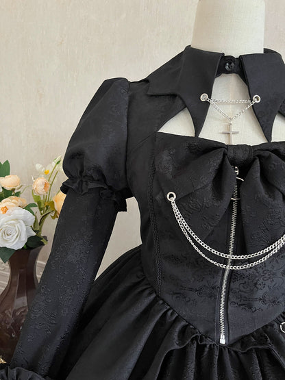 Gothic-Style Jewel Neck A-Line Birthday Gowns Long Sleeve Bows Jacquard Cutout Black Tired Homecoming Dress AP3235