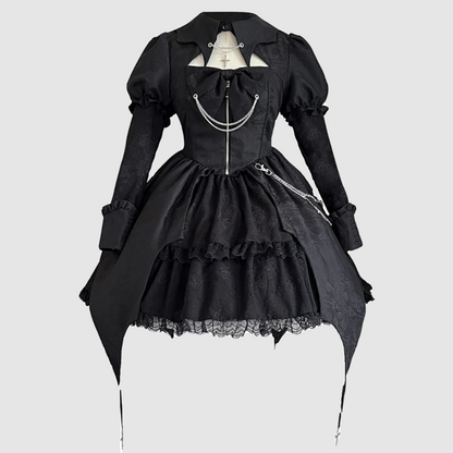 Gothic-Style Jewel Neck A-Line Birthday Gowns Long Sleeve Bows Jacquard Cutout Black Tired Homecoming Dress AP3235