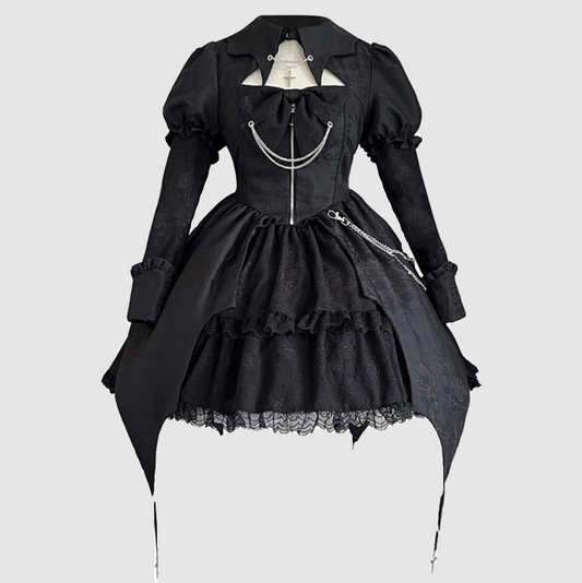 Gothic-Style Jewel Neck A-Line Birthday Gowns Long Sleeve Bows Jacquard Cutout Black Tired Homecoming Dress AP3235