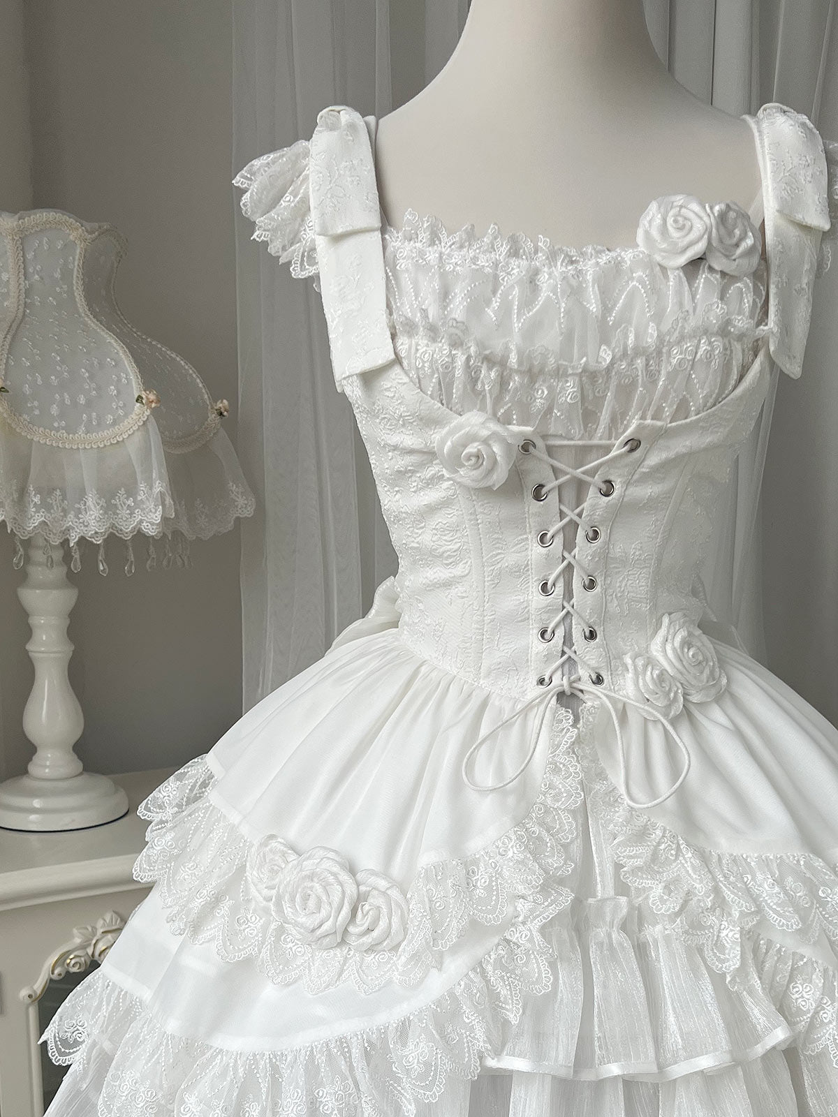 Fancy Spaghetti Straps A-Line Birthday Dress Lace Handmade Flowers White Tiered Homecoming Dress AP3238