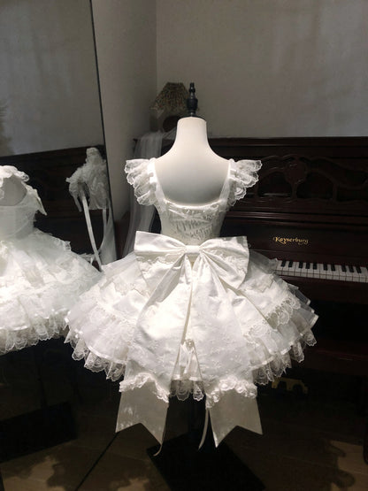 Gen Z Style Spaghetti Straps A-Line Tiered Birthday Dress Bows Jacquard Lace White Homecoming Dress AP3242