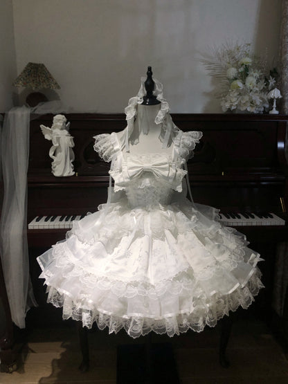 Gen Z Style Spaghetti Straps A-Line Tiered Birthday Dress Bows Jacquard Lace White Homecoming Dress AP3242